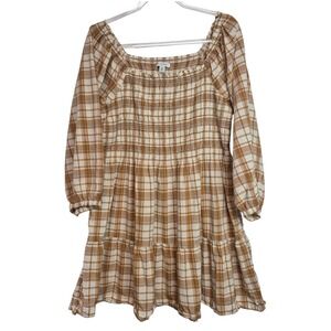Free Assembly Womens XL Brown Plaid Smocked Tiered Mini Dress Cotton Boho Indie